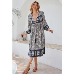 R Vivimos Long Slv Midi dress boho floral print tassel v-neck see measurements