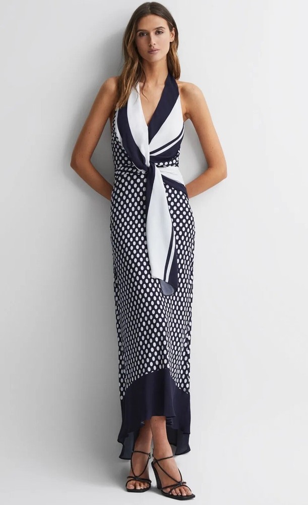 REISS AMELIA STRIPED WHITE POLKA DOT HALTER MAXI DRESS in NAVY BLUE