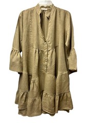 Chocolate Preppy M/L Tan Linen Tiered Peasant Dress Boho Ren Faire Fairy Cottage