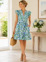 Sugarlips Floral V-Neck Ruffle Cap Sleeve Tie Waist Lined Short Dress M