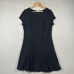 Isaac Mizrahi Eyelet Little Black Dress Sz Medium Black Fit Flare Lined Stretch
