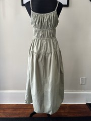 SIM & SAM Green Solid Square Neck Strappy Tie Woven Cotton Midi Sundress S