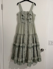 Sweetened Lolita Green Solid Sundress Square Neck Button Ruffle Lace Midi L/XL