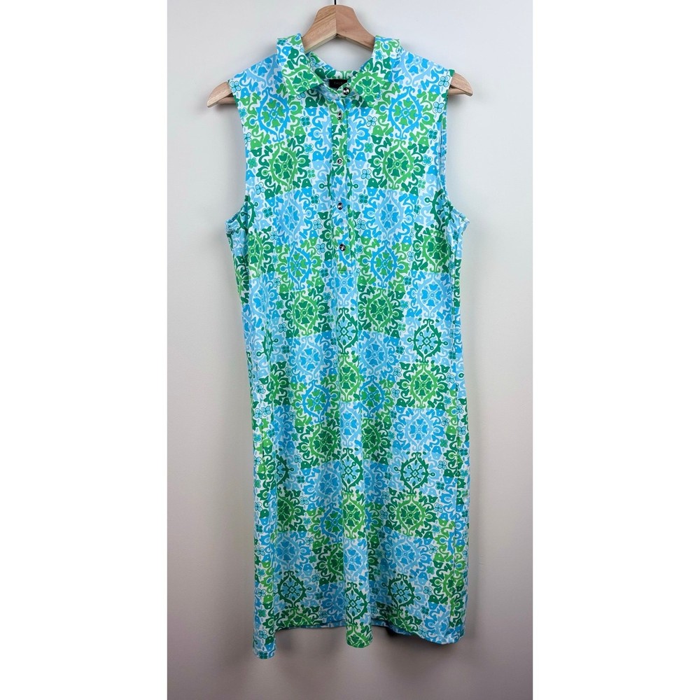 Talbots Performance Womens Sleeveless Dress L Blue Green Print Golf Resort