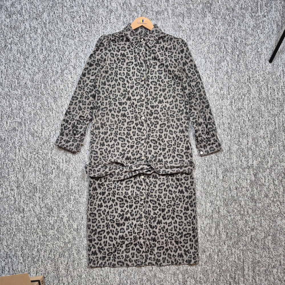 Hush Lexi Leopard Print Denim Shirt Dress Grey Black Size 8 Belted Midi Cotton