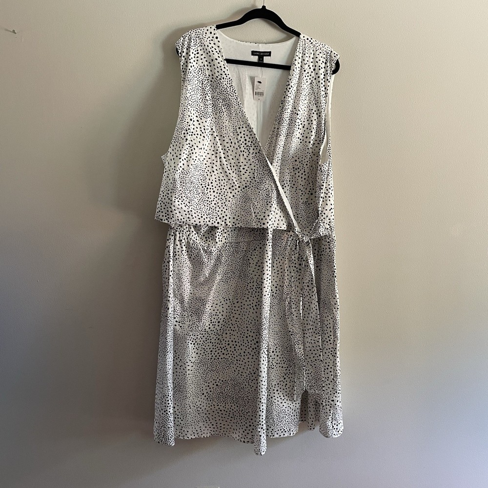 Lane Bryant Women Plus 28 Black White Dot Print Sleeveless Faux Wrap Dress NWT