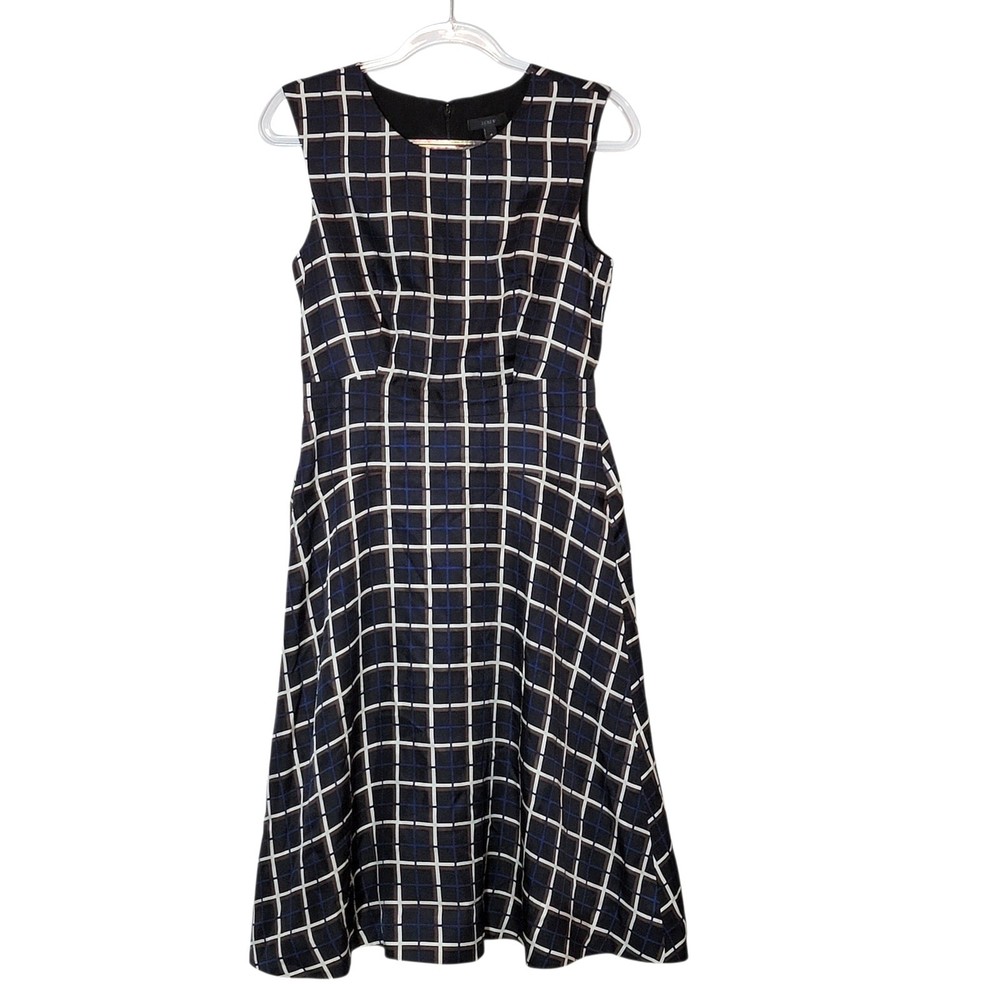 J.Crew Silk Windowpane A-Line Midi Dress Black Tan Navy Jewel Neck Classic 4 NWT