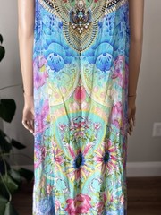 Inoa Australia 100% Silk Maxi Dress Sz 1 Embellished Crystal Resort Wear Boho