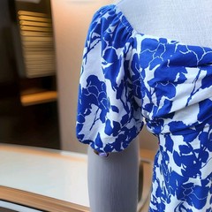 Hyacinth House Blue Floral Seaport Midi Dress Cut Out Back Romantic Puff Medium