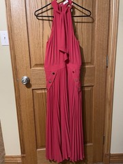 Reiss Red Pleated Halter Midi Dress Berry Pink Gold Button Detail Size 4