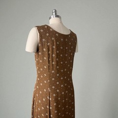 Vintage Ka-Wa Brown & White Geometric Sleeveless Button Down Swing Dress M