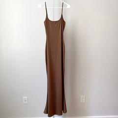 Brown M Maxi Slip Dress Spaghetti Strap Bodycon Minimalist Neutral Classic