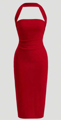 RED Solid Rushed Halter Neck Backless Bodycon Pencil Skirt Midi Dress