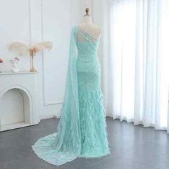 Feather One Shoulder Mermaid Evening Dress with Cape Prom Wedding Party Gowns