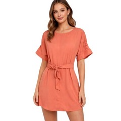 Worthington Dress Womens M Coral Ruched Sleeves Self Tie Belt Preppy Modest Chic