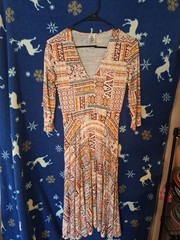 Agnes & Dora Geometric Midi Fit & Flare Dress V-Neck 3/4 Sleeve Multicolor S