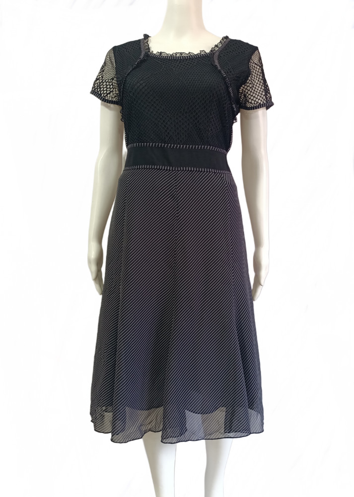 Brand | Black | Size M | Polyester | Pinstripe Lace Mesh Midi Dress