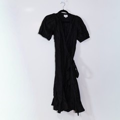 Honorine Linen Short Sleeve V Neck Wrap Midi Dress Solid Black Large