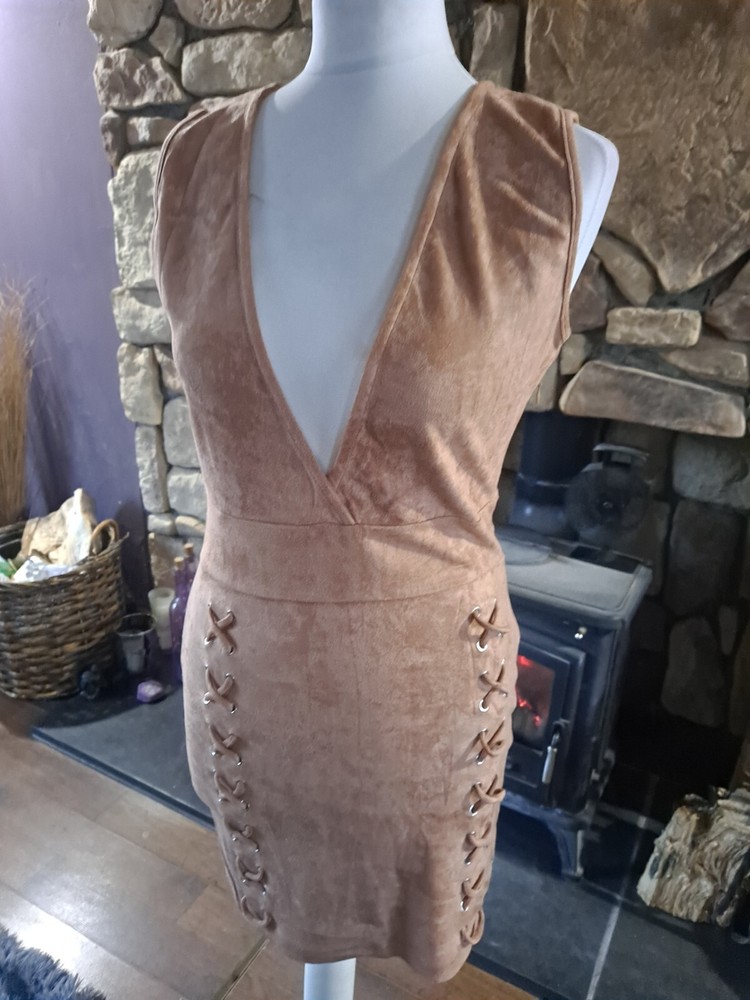 JCL Light Tan Camel Soft Suedette Plunge Front Dress Size M/L BNWT