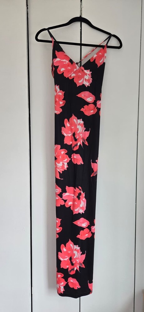 Black Coral Floral Maxi Dress V-Neck Spaghetti Strap Gold Zip 95% Polyester