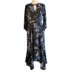 Maison Tara Black Blue Floral Chiffon Maxi Dress Long Sleeve 91123M Size 6