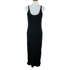 Things Between Ribbed Knit Midi Tank Dress Black Beige Trim Small Sleeveless