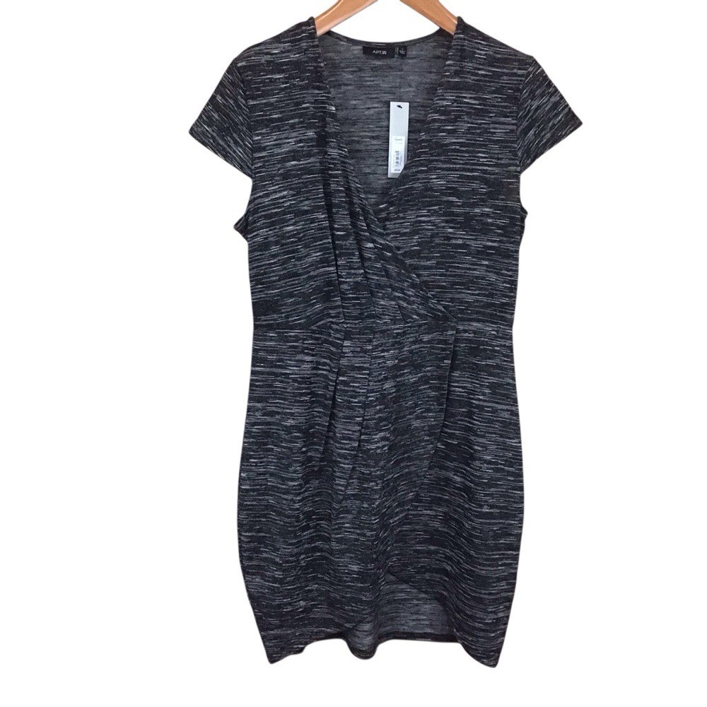 Apt. 9 Faux Wrap Dress L Black Grey White Knit Cap Sleeves NWT