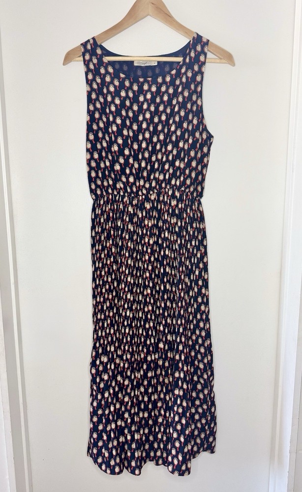 Anthropologie Hazel Women’s Silky Owl Print Dress Pleated Skirt Maxi Large 8 10