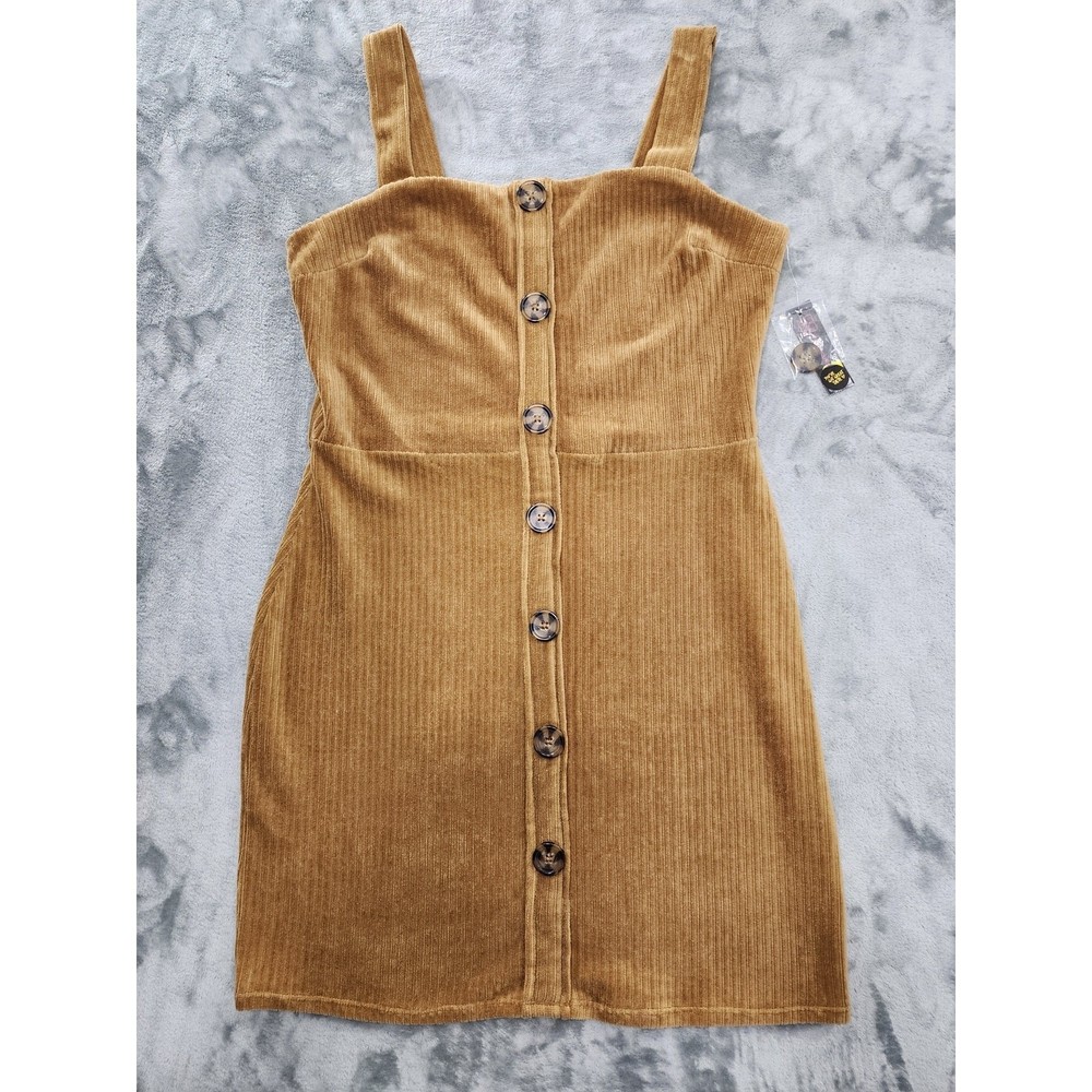 NEW No Boundaries Dress Womens L Tan Button Front Ribbed Jumper Stretch Preppy