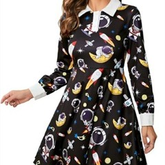 Phixworld Astronaut Space Print Long Sleeve Dress Vintage Halloween Teacher Sz S