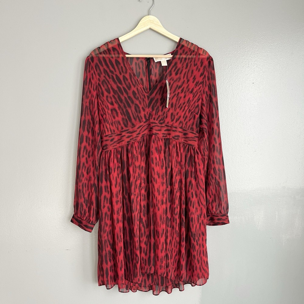 Michael Kors Leopard Print Georgette Mini Dress Red Blaze Long Sleeve 8 NWT