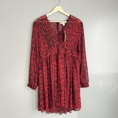 Michael Kors Leopard Print Georgette Mini Dress Red Blaze Long Sleeve 8 NWT