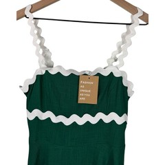 Senllen Green Cotton Linen Ric Rac Trim Mini Dress Smocked Back Size M NWT