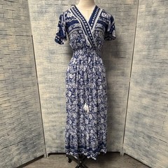 Kindred Maxi Dress Womens S Blue White Floral Wrap V Neck Short Sleeve Boho