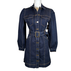 Habitual Dress Womens Small Blue Denim Belted Shirt Dress Puff Sleeves Pockets