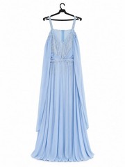 Sky Blue Chiffon Evening Gown Silver Beaded Cape Sleeves Formal Maxi Dress
