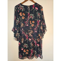 Boho Romantic Calvin Klein Floral Shift Dress Womens 12 Navy Ruffle Bell Sleeve