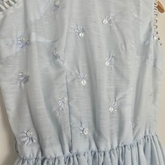 Vintage 60s Light Blue Daisy Embroidered Dress Mod High Neck Sleeveless XS/S