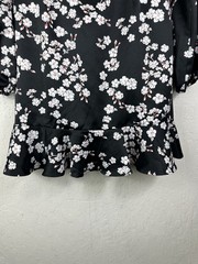 FOREVER 21 Black White Floral Satin Square Neck Puff Sleeve Mini Dress M