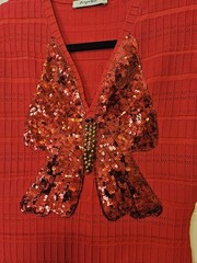 Feiyu Red Knit Midi Dress Size M Sequin Butterfly Short Sleeve Ruffle Mermaid…