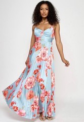 Katia Rae Juniors&rsquo; Floral Bow-Back Pleated Maxi Dress – Blue Coral