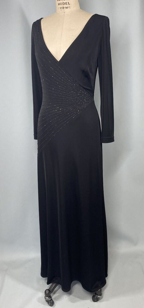 TADASHI Dress SIZE MEDIUM stretch black sparkle long sleeve classic V plunge Y2K