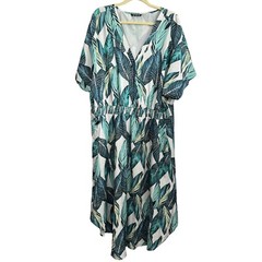 Bloomchic Plus Size US 26 Green Leaf Print Dress V-Neck Short Sleeve