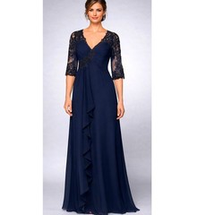Cameron Blake Mon Cheri V-Neck Chiffon Gown Women&rsquo;s Sz 14 Navy Lace Back NWT