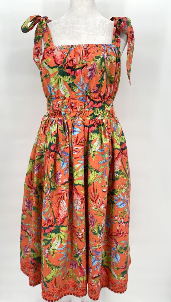 Lands End Sun Dress Womens Petite M 10-12 Orange Tropical Tie Strap Midi Beachy