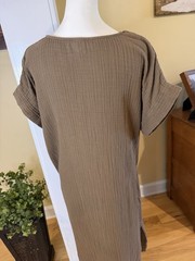 Eileen Fisher Casual V-Neck Textured Cotton Gauzy Midi Dress Olive Gray Brown