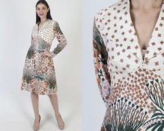 Vtg 60s Floral Print Dress Dagger Collar Nature Knee Length Cocktail Nature