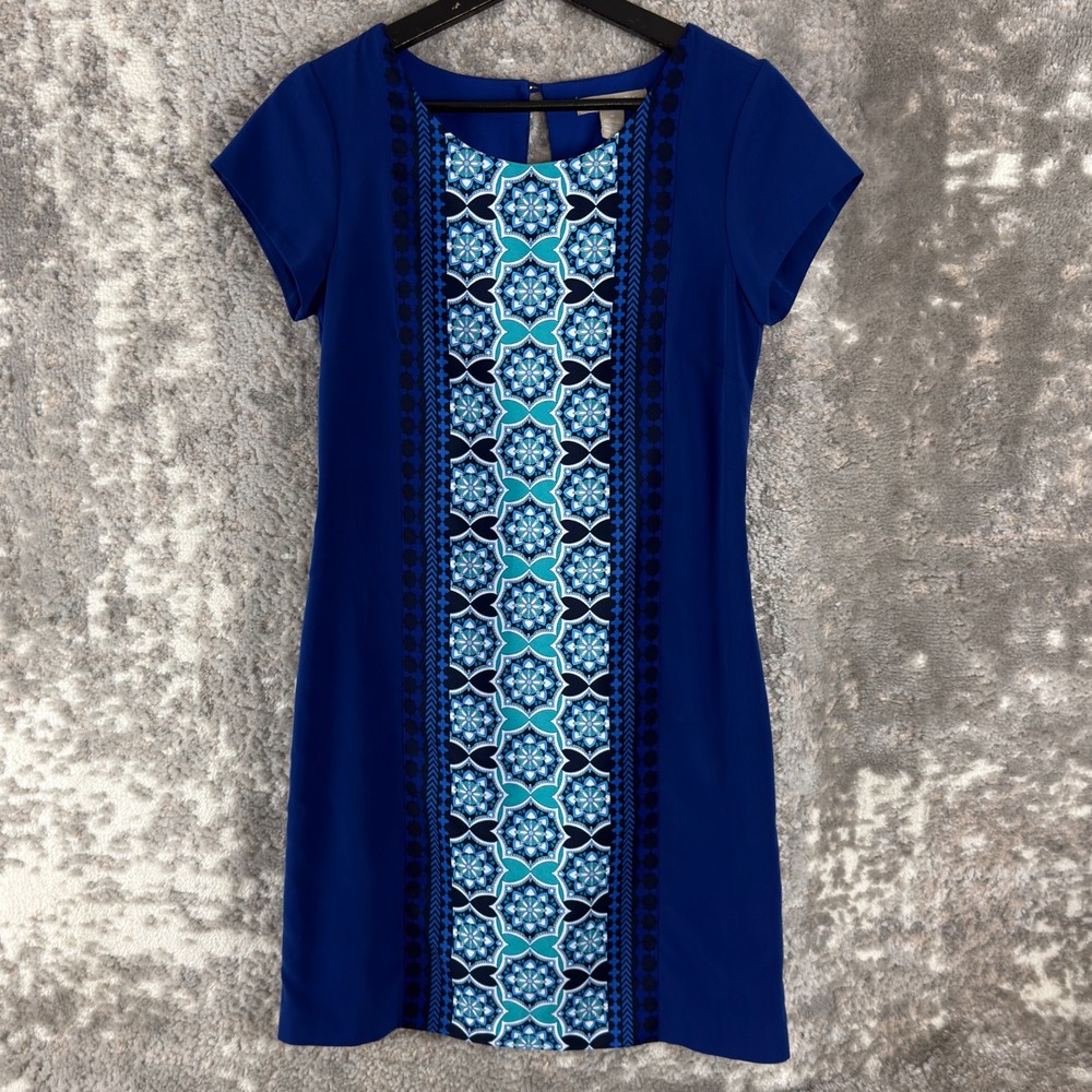 Banana Republic Size 0 Geometric Mini Sheath Dress Blue Short Sleeve Casual Zip
