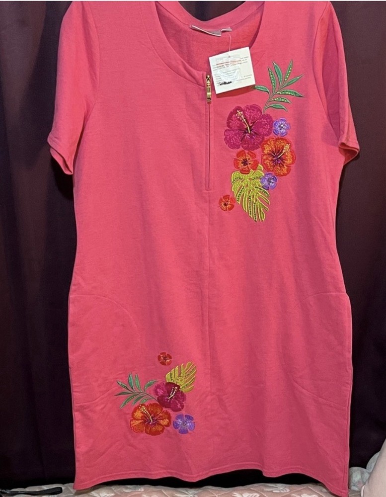 Quacker factory women’s shirt dress T-shirt ￼ cover-up packets￼embroidered pink￼