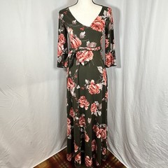 Mother Bee Maternity Green Pink Floral Maxi Dress Soft Stretchy Belted Size Med